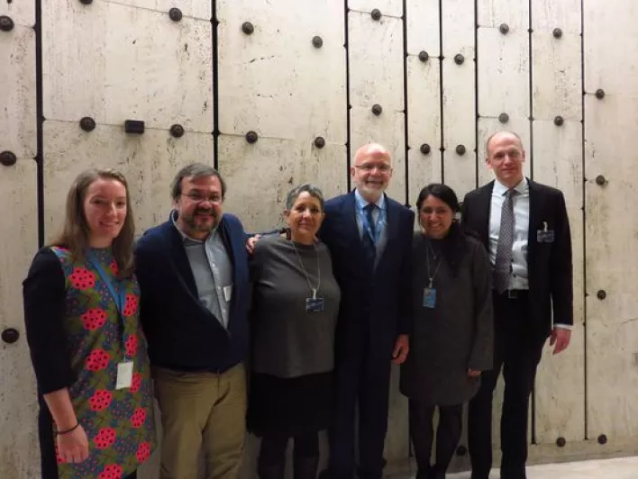 The UN Special Rapporteur on the situation of human rights defenders, Michel Forst, with Isela González (ASMAC) and representatives of the CMDPDH, the Open Society Justice Initiative, the Fray Juan de Larios Diocesan Center for Human Rights and PBI. @PBI